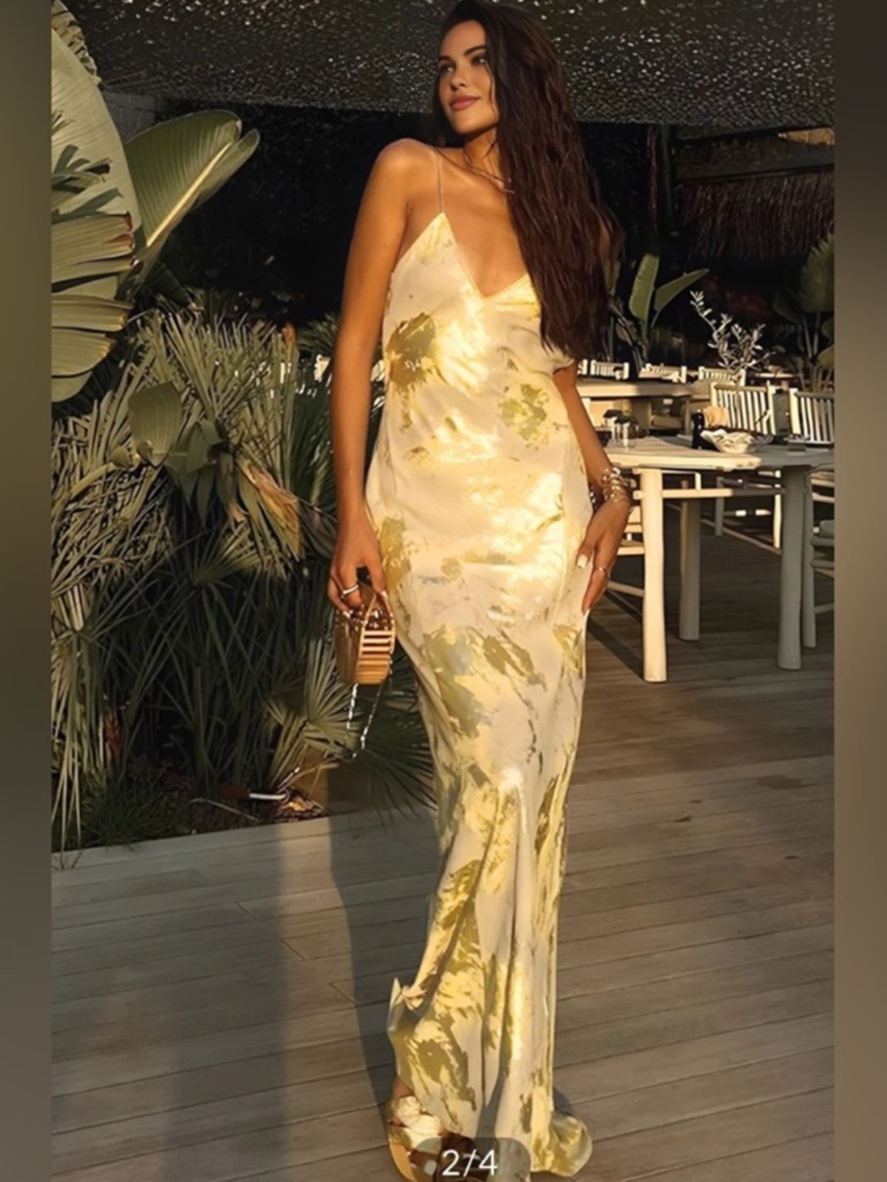 Commense Metallic Print V-Neck Backless Slip Long Dress Size Small NWT